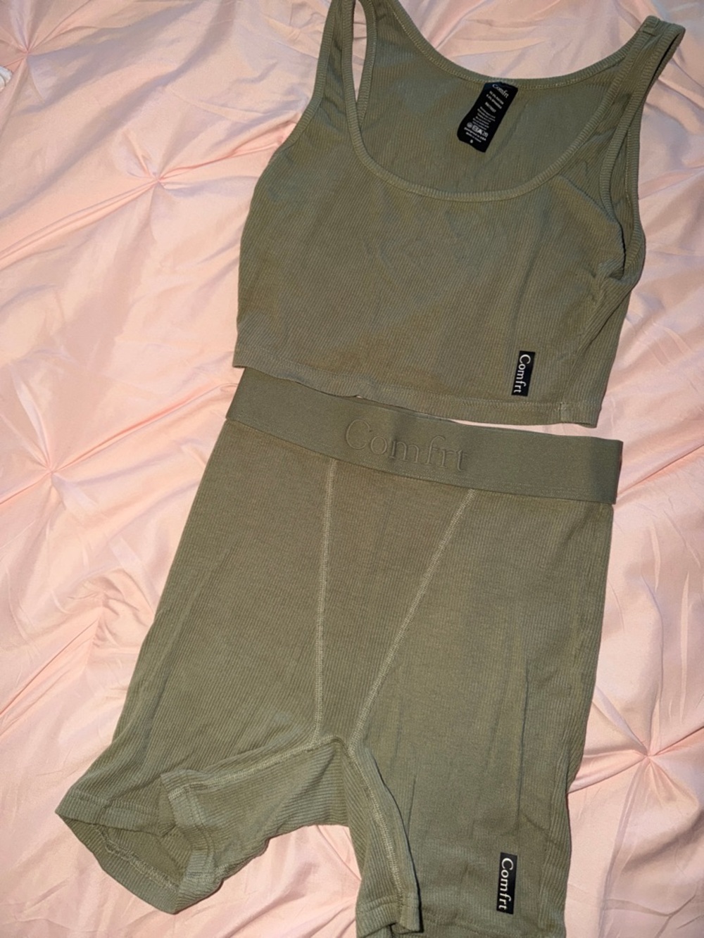 Comfrt Olive Ribbed Cropped Tank & High-Waist Bike Shorts Set